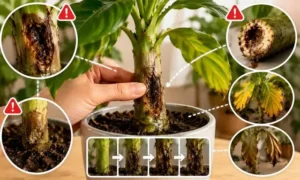 軟腐病で幹が柔らかく腐敗した観葉植物の症状や進行過程を示したイメージ