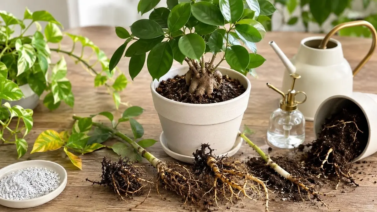 観葉植物の根腐れサインと水やり失敗の症状。植え替え時に確認する根の状態と復活管理のイメージ