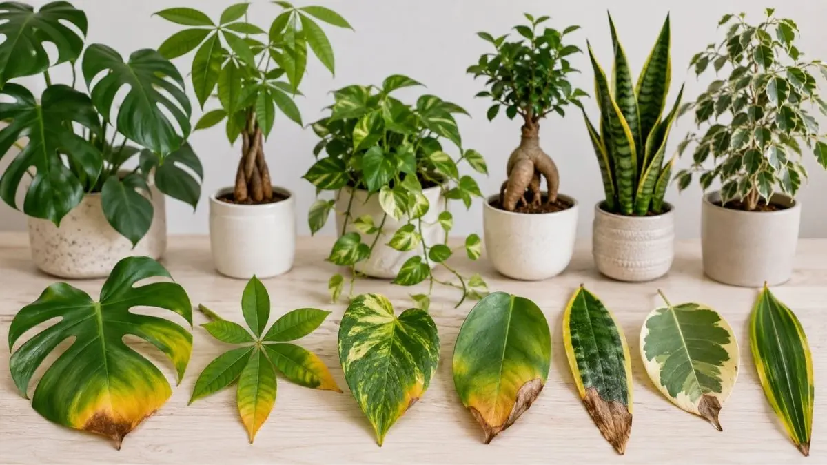 観葉植物の葉が黄色い・落ちる・茶色い症状の見分け方イメージ