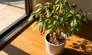 直射日光による葉焼けで葉が茶色くなった観葉植物の症状
