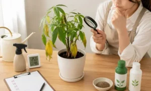 元気がない観葉植物を点検する様子|肥料を与える前に原因を確認している場面