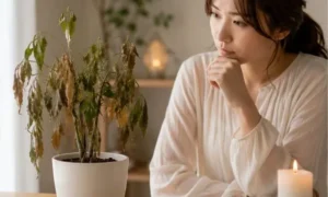枯れた観葉植物を見つめる女性|霊のせいかと不安になる前に確認したい原因