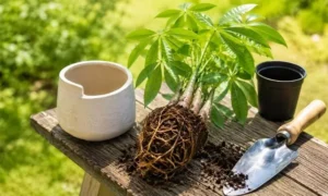 植え替えのために鉢から抜いたパキラの根と新しい鉢、移植用スコップを並べた様子