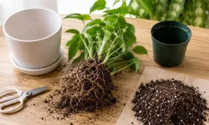 植え替え前の観葉植物の根鉢と新しい鉢、培養土を並べてサイズを確認している様子