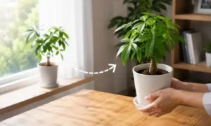 植え替え後のパキラを窓際から室内へ移動し置き場所を変えている様子