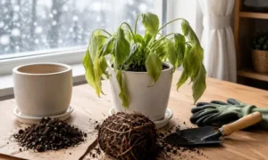 冬に植え替えた観葉植物が寒さの影響で葉をしおれさせている様子