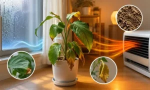 冬の暖房近くで葉先が枯れ始めた観葉植物と、乾燥した土の状態を示すイメージ