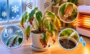 冬の寒さや暖房による乾燥で葉が傷んだ観葉植物と、水やりトラブルを示すイメージ