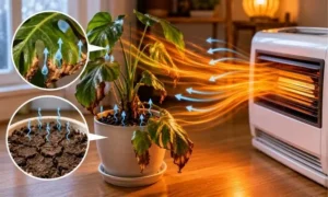 ヒーターの温風で葉先が枯れ始め、土の水分も失われた観葉植物の乾燥トラブル