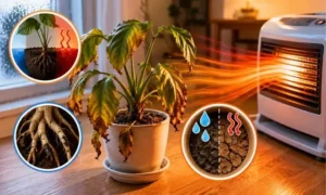 ヒーターの温風によって葉が枯れ込み、根の不調や土の乾燥が起きた観葉植物の様子