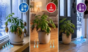 窓際の冷え込み、床からの冷気、玄関の寒暖差で弱った観葉植物を比較した冬のトラブル例