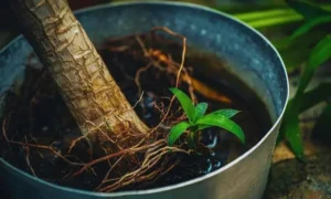 観葉植物の根が過湿状態になっている様子｜土が乾かない時に現れる根腐れサインを確認しているイメージ