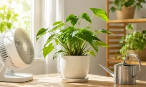 観葉植物を明るい窓辺で管理しサーキュレーターで風を送る様子｜土を乾かして根腐れを防ぐ対処法