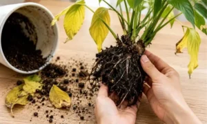 黄変した観葉植物の根を確認している様子｜根腐れの進行状況や回復可能性をチェックしている場面