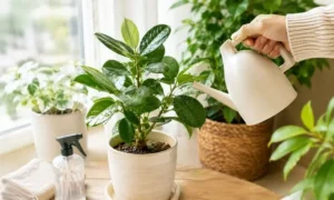 冬の観葉植物に水やりをして乾燥を防ぐ様子。葉先の枯れや葉落ちを予防する管理方法