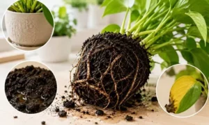 冬の過湿で根腐れが進んだ観葉植物の根鉢と黄色い葉の症状を比較している様子