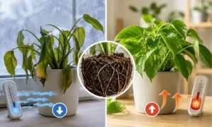 冬の低温で弱った観葉植物と元気な株を比較し、根の活動低下による影響を示したイメージ