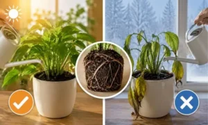 冬に観葉植物が根腐れする原因を比較。寒い環境で水を与えすぎた株と適切に管理された株の違い