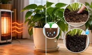 暖房の影響で表面は乾燥して見えるが、鉢の中は過湿状態になっている観葉植物の根の様子