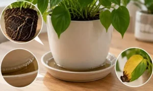 受け皿に残った水と湿った根の状態を比較した観葉植物。冬の根腐れリスクを解説するイメージ