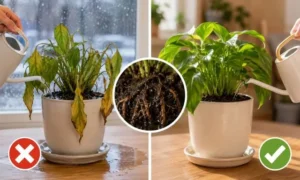 冬の観葉植物の水やり過多による根腐れリスクを比較した画像|葉がしおれる原因に注意