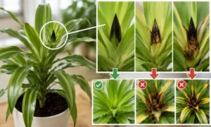 ドラセナの新芽が黒い時の症状比較。環境変化による軽いダメージと、根腐れや病気による黒変の違いを確認できる画像。