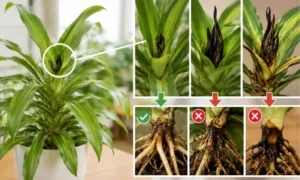ドラセナの新芽が黒く縮れた時の危険サインを比較した画像。健康な根と傷んだ根の違い、成長点の異変を確認できる。