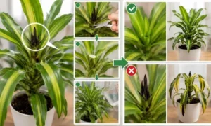 黒く変色したドラセナの新芽から、新芽が再生するケースと枯れ込むケースを比較した診断画像