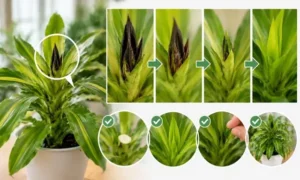 ドラセナの黒くなった新芽が徐々に回復し、新しい緑の芽が伸びて復活していく過程と対処法の流れを比較したイメージ