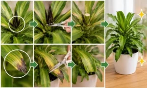 ドラセナの黒くなった新芽や茶色く枯れた葉をハサミで剪定し、健康な状態へ回復させる切り方の手順を示したイメージ