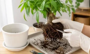 パキラの根を確認しながら植え替え作業をする様子｜根腐れが疑われる時の対処方法