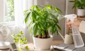 パキラに葉水をしながら湿度管理をする様子｜葉が丸まるのを防ぐ育て方のコツ