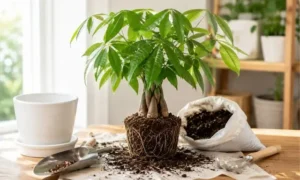 根鉢を崩したパキラと新しい鉢。植え替えに最適な季節や失敗しにくいタイミングを紹介するイメージ。