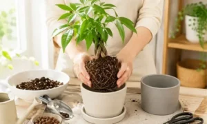 パキラの植え替え作業中の様子。根鉢を確認しながら新しい鉢へ植え替える初心者向けの管理方法を解説するイメージ