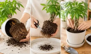 パキラの植え替え手順を順番に紹介するイメージ。鉢から抜く・根を整える・新しい鉢へ植える流れをわかりやすく解説