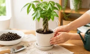 植え替え後にぐらつくパキラを手で支えている様子。根が定着する前の不安定な状態と安定させる管理方法を解説するイメージ
