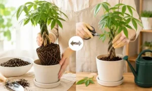 パキラの植え替えと剪定を同時に行う様子。根鉢を新しい鉢へ移しながら枝葉を整え、株への負担を抑える管理方法を解説するイメージ