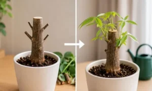 剪定後に葉がなくなったパキラと、その後に新芽が伸びて回復した状態を比較した写真。芽が出ない時の対処法を解説するイメージ。