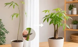 ひょろひょろと徒長したパキラと、剪定後に枝葉が増えて株姿が整ったパキラを比較した写真。徒長の原因と剪定時期を解説するイメージ。