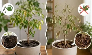 水のあげすぎと水切れによるベンジャミンの違いを比較した写真。新芽が出ない時に確認したい症状を紹介