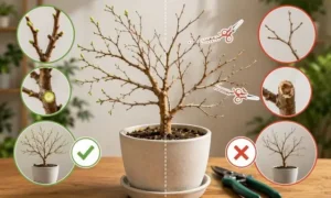 枯れ枝と生きている枝を比較したベンジャミンの剪定ガイド。新芽や枝の状態から判断できる画像