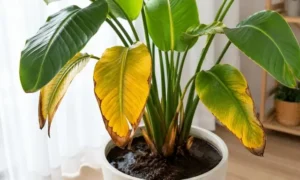 水のあげすぎで根腐れが始まり、葉が黄色く変色したオーガスタの様子。土が湿った状態で下葉が黄化する初期症状を示した写真。