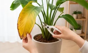 黄色く変色したオーガスタの葉を清潔なハサミで剪定している様子。黄色い葉を切るタイミングと正しいお手入れ方法のイメージ。