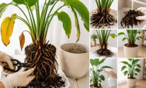 根腐れが疑われるオーガスタを植え替えながら、傷んだ根の剪定・洗浄・新しい土への植え替えまで復活手順を順番に解説している様子