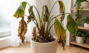 復活が難しいオーガスタの枯れるサイン。葉が大きく垂れ下がり、黄色や茶色に変色して乾燥し、株全体が弱っている危険な状態