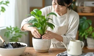 日本人女性が観葉植物を新しい鉢に植え付け、土を整えている植え替え作業の様子