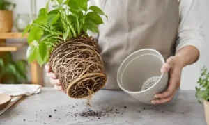 鉢から抜いた観葉植物の根鉢に根が回り、植え替え前に根詰まりを確認している様子