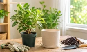 観葉植物の植え替え前に、鉢や培養土、移植ごて、手袋をそろえた準備風景