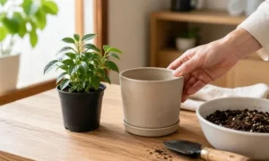 観葉植物の現在の鉢とひと回り大きい新しい鉢を並べてサイズを比較する様子