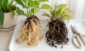 白く健康な観葉植物の根と黒く傷んだ根腐れの根を並べて比較した状態